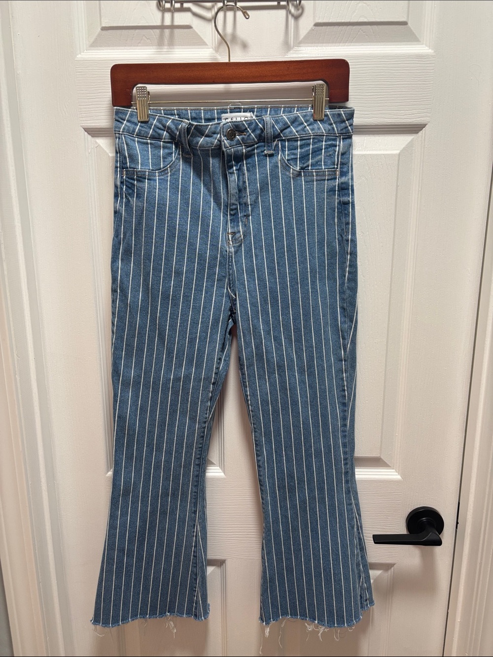 Cello Blue Pinstripe Flare Jeans with stretch